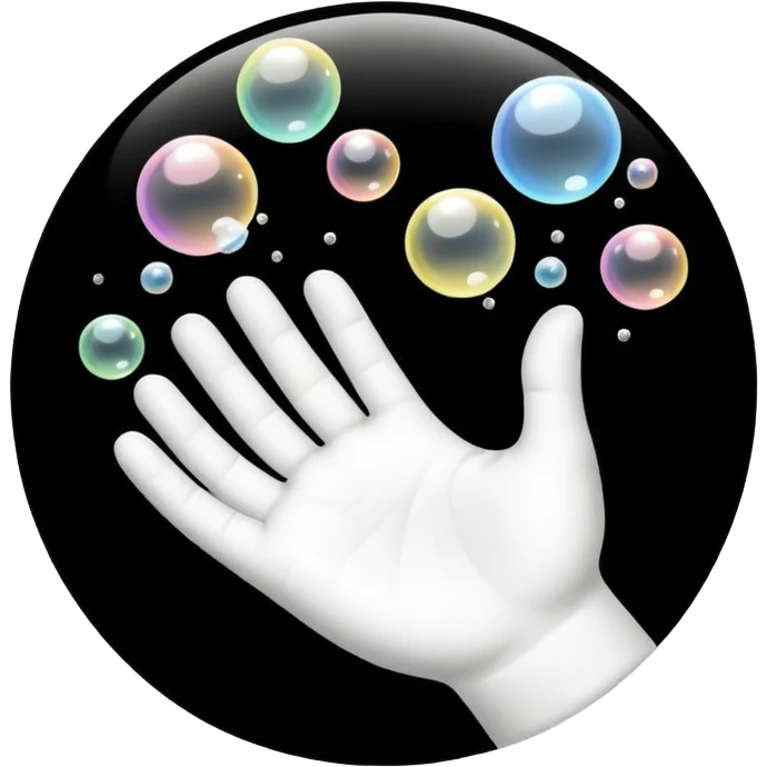 Simple black and white icon showing a single hand with soap bubbles on it, easy to recognise for all ages and languages, flat style, no text, isolated on plain background emoji