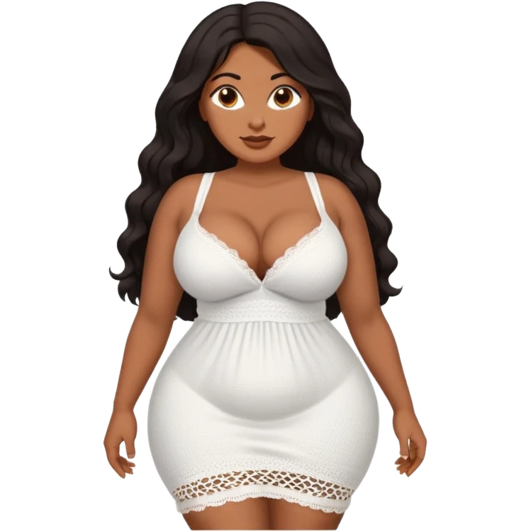 Curvy woman with brown skin with long wavy black hair, brown eyes. Massive boobs, She's wearing a white crotchet dress showing cleavage  emoji
