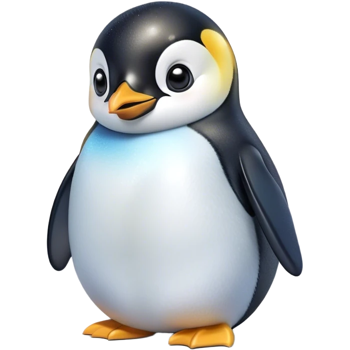 Cinematic Cute Emperor Penguin Portrait Emoji, Head tilted playfully and inquisitively, with glossy, pristine plumage accented by a bright beak and round, sparkling eyes filled with curiosity, Simplified yet irresistibly adorable features, highly detailed, glowing with a warm, friendly icy glow, high shine, affectionate and lively, stylized with a touch of whimsical charm, bright and endearing, soft glowing outline, capturing the essence of a mischievous yet loving penguin that feels like it could slide out of the screen into your arms! emoji