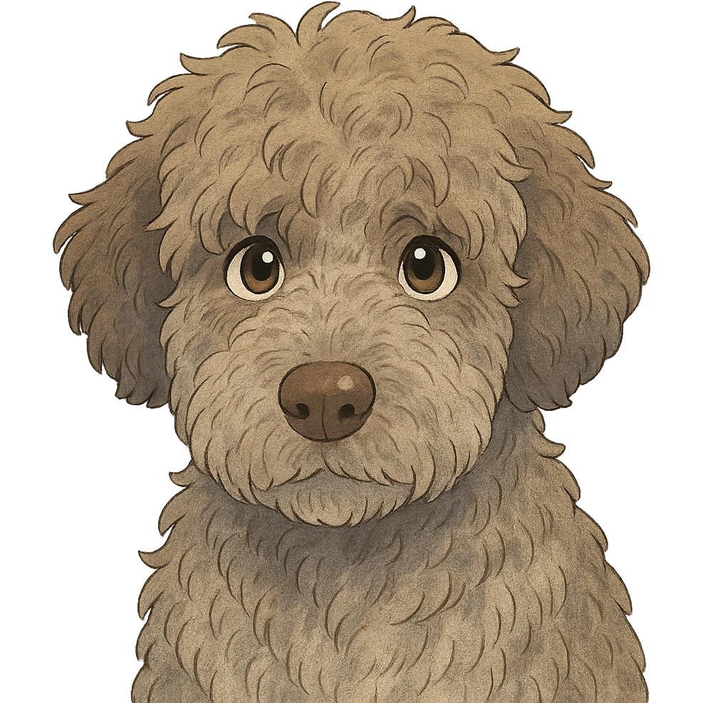 close-up portrait of Lagotto Romagnolo dog, fluffy roan fur, expressive eyes, ghibli style emoji
