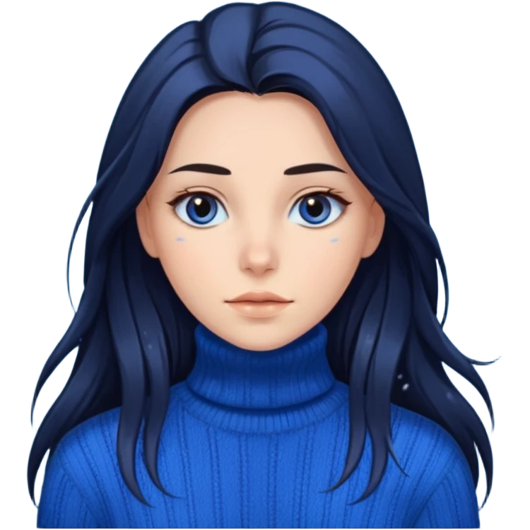 Mujer pelo oscuro y muy largo con unos mechones saliendo ojos oscuros y muy atractiva y con jersey de invierno azul de cuello vuelto emoji