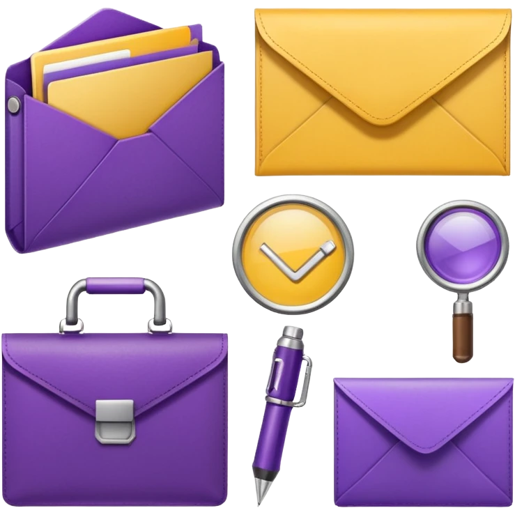 simple, minimalistic yellow (hex#FFD008) and purple (hex#8C52FF) icons of a pin, a working case, a folder, a magnifier, an email, an envelope. 6 icons in total emoji