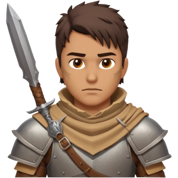 desert warrior portrait, head and shoulders only, sandy cloak collar, leather armor, intense eyes, desert fighter vibe, 3D cartoon, mobile game icon style, clean background, no text, no watermark
 emoji