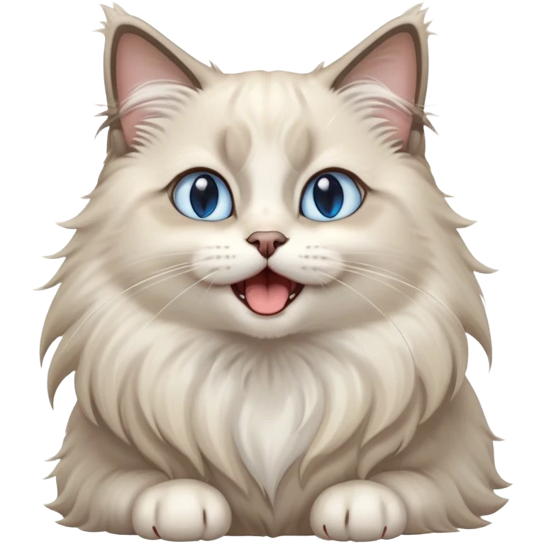Cinematic Adorable Fluffy Light Grey Mantle Ragdoll Cat Portrait Emoji, Head tilted cutely with big, sparkling blue eyes, soft light grey fur with darker points on the ears, face, and paws, Simplified yet irresistibly adorable features, highly detailed, glowing with a soft, warm glow, high shine, yawning in a peaceful and playful manner, stylized with a touch of whimsy, bright and endearing, soft glowing outline, capturing the essence of a relaxed and loving kitten, so cute it feels like it could leap out of the screen and stretch into a cozy nap! emoji