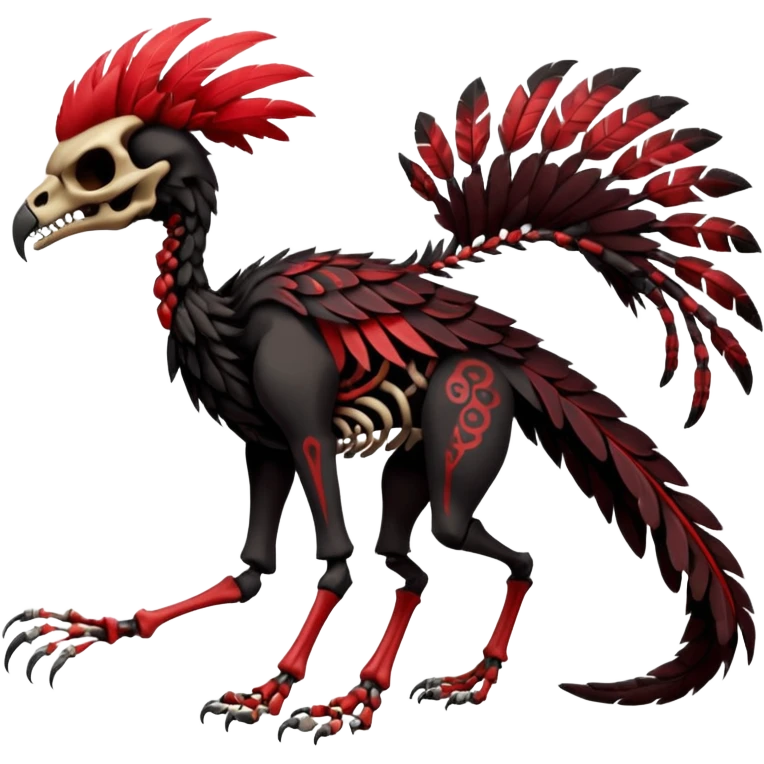 Rare realistic dark edgy evil tribal patterned red-feathered skeletal badass epic handsome gorgeous aesthetic black-skulled Vernid-Trico-species-Fakemon-creature by LiLaiRa, 4 legs, 1 tail, random markings, (full body) emoji