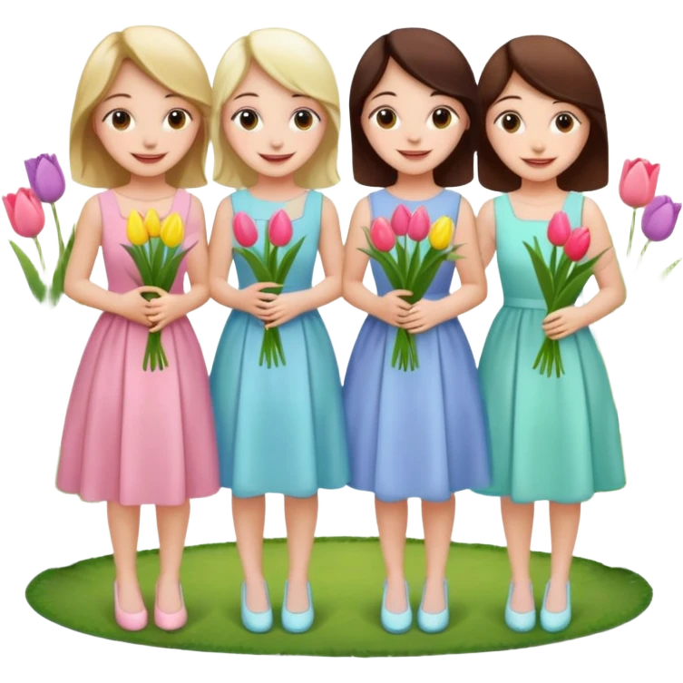 5 girls at a garden party wearing pastel dresses and holding tulips emoji