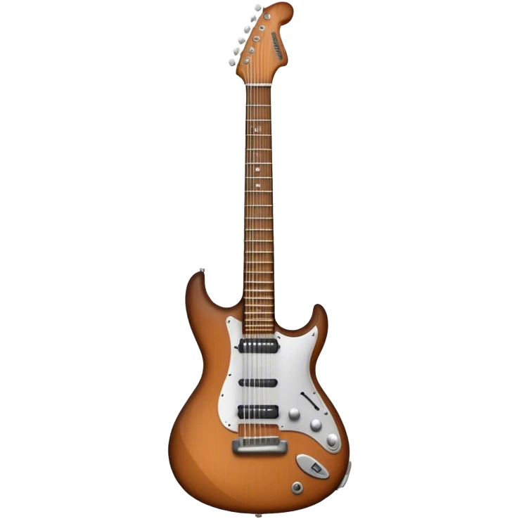 Create a sleek and detailed emoji representing a guitar. The design should feature an electric guitar or acoustic guitar with visible strings and a stylized body. Add subtle elements like musical notes to reflect the instrument's musical role. Use vibrant colors like brown for the body, black for the neck, and silver for the strings. The background should be transparent. emoji