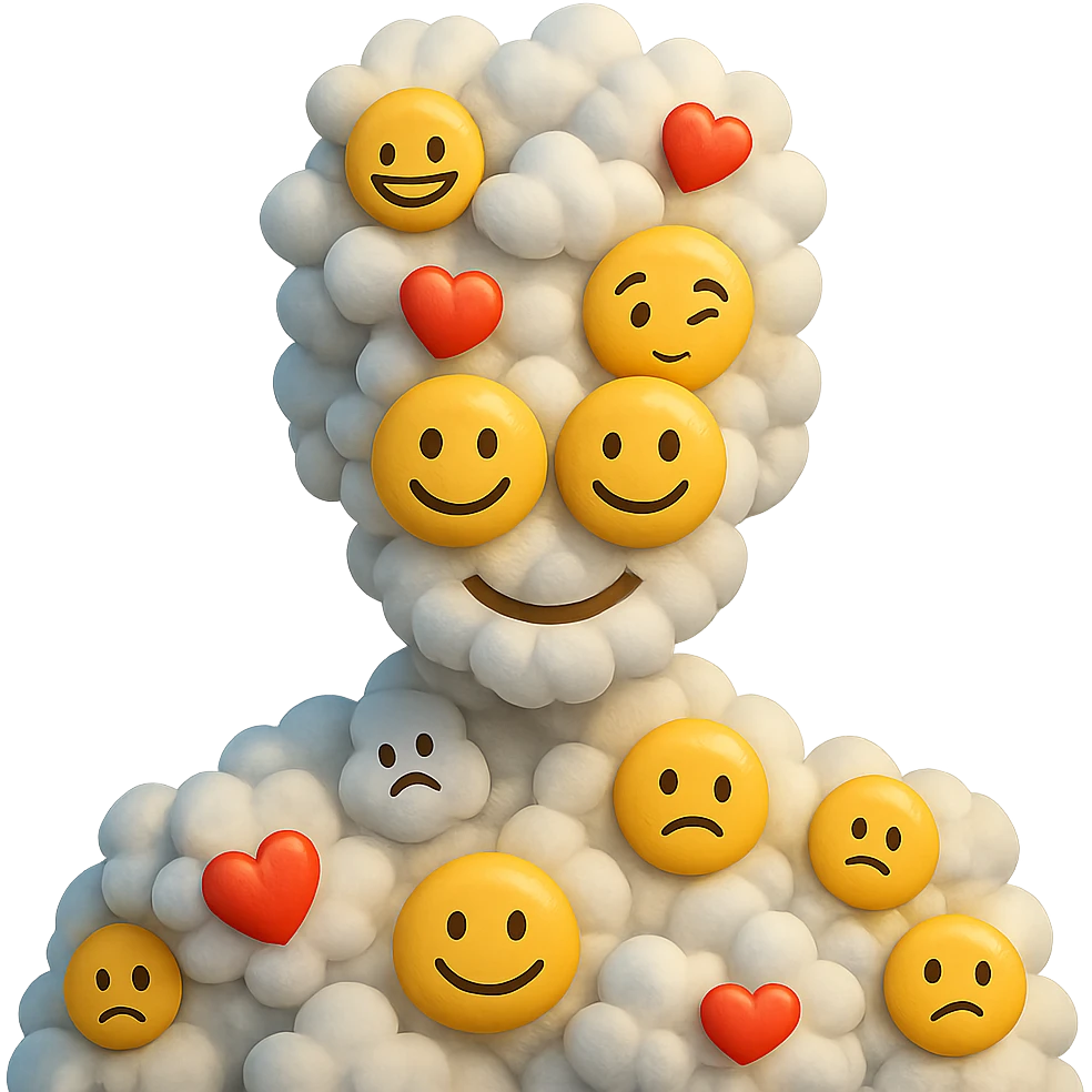person composed entirely of volumetric emoji clouds, shoulder view, looking straight ahead emoji
