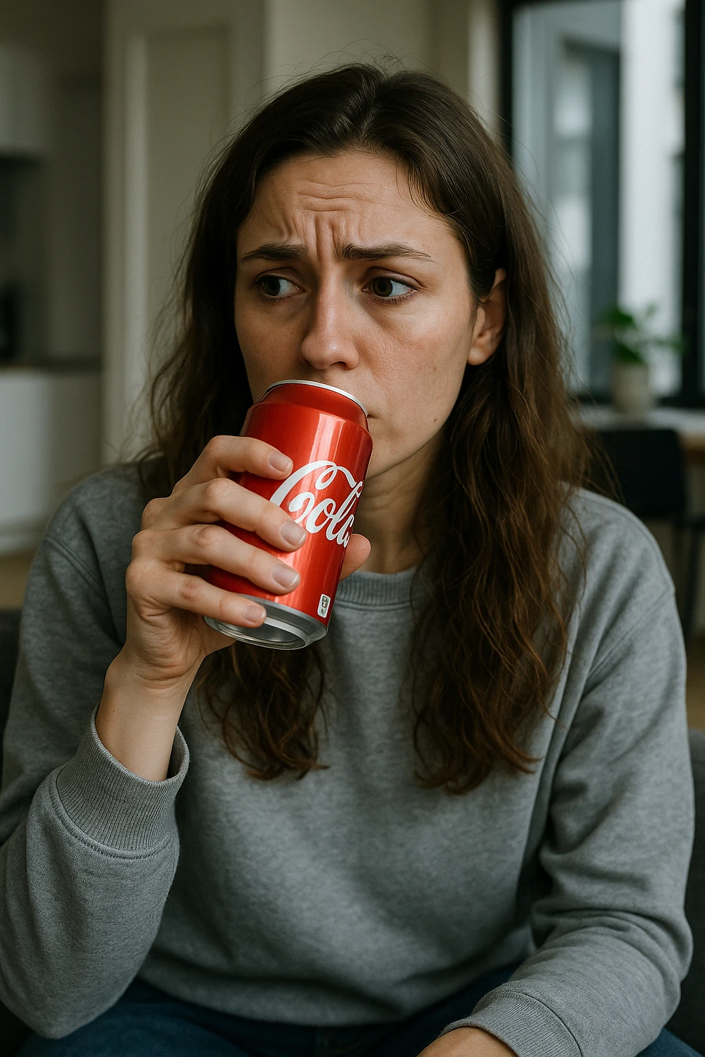 donna con ansia. Che beve coca cola. Immagini realistiche emoji