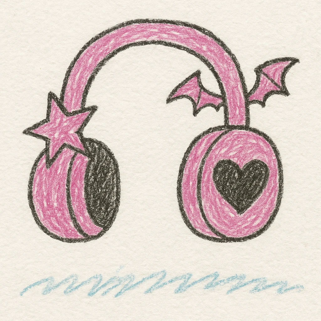 pink gothic headphones with playful gothic shapes and simple lines emoji