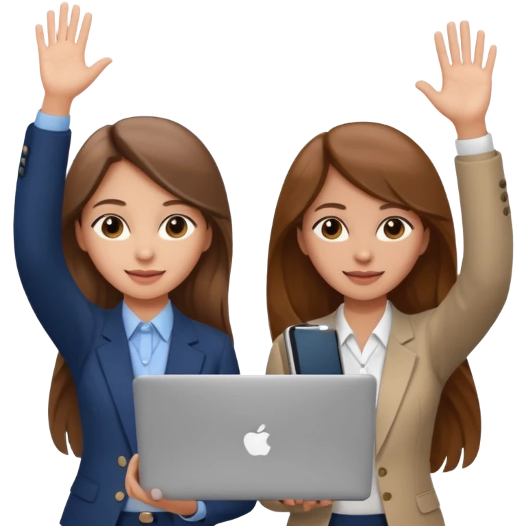 

two brown haired girls, looking professional maybe leaned on each others back and looking forward and waving with long hair and one girl can hold lap top another one can hold the phone, professional clothes, more stylish

 emoji