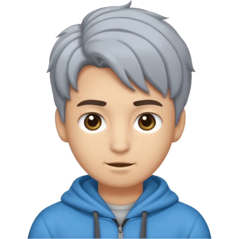 Crea un emoji a mezzo busto come ti ho già chiesto però di un ragazzo sulla 20ina ma che sembri più giovane, vestito con una felpa grigia. Occhi azzurri, capelli neri con il ciuffo davanti un po bagnato. emoji