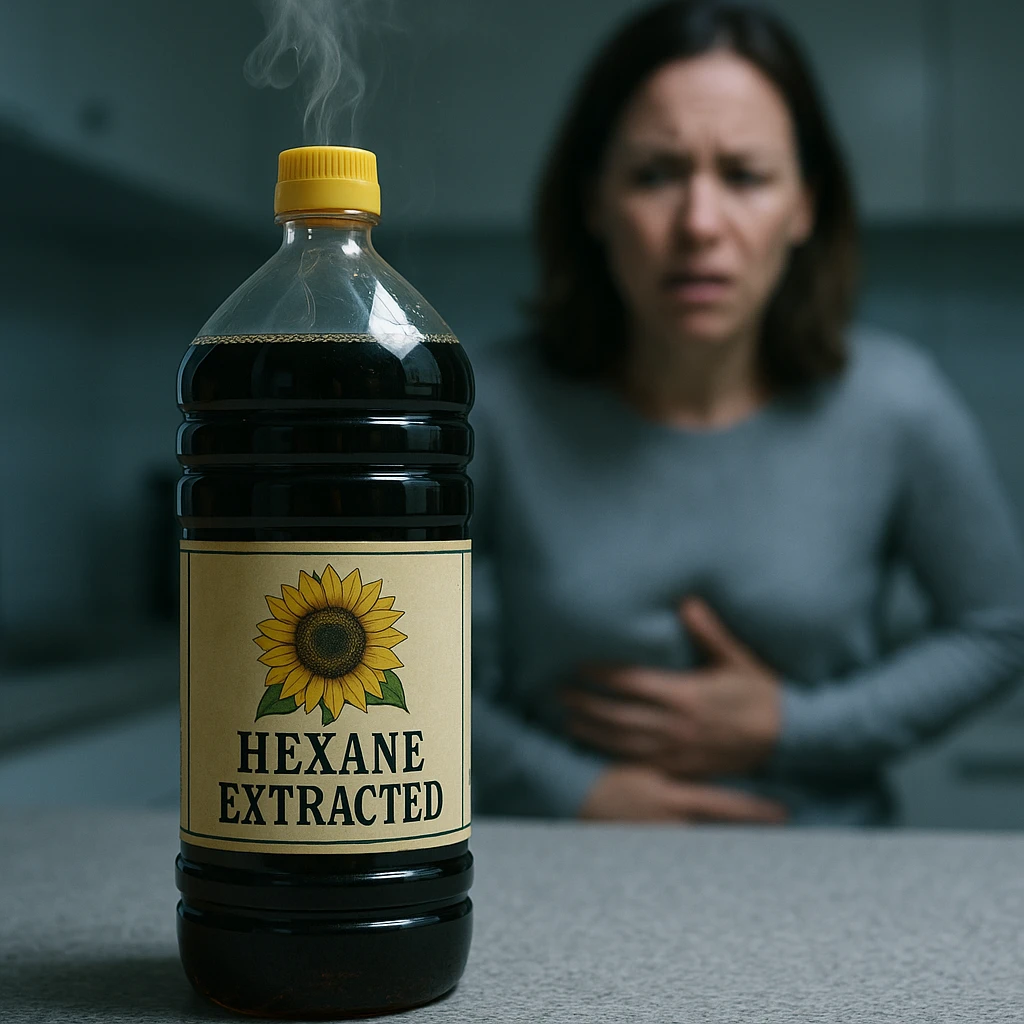 photorealistic bottle of sunflower or soybean oil on a kitchen counter, unusually dark oil, label reading 'Hexane extracted', faint toxic vapor rising from the bottle, background with a blurred worried person holding their stomach, cold clinical lighting, surreal tension emoji