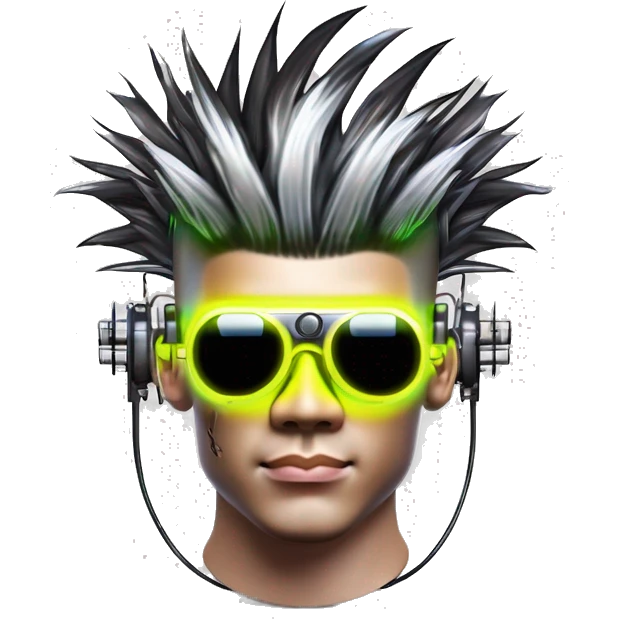 Mohawk hair Asian male cyborg head with neon silver steampunk goggles and circuits emoji