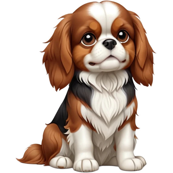 cinematic-[cavalier king charles dog]-realistic-full-body-sitting-emoji,-tail-resting-loosely-beside-its-paws,-head-tilted-dramatically,-scruffy-[brown and white]-fur,-simplified-yet-realistic-focused-features,-highly-detailed,-glowing-with-an-almost-sarcastic-glow emoji