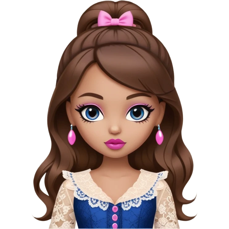 tall pretty bratz girl, brown hair, dark blue eyes, pink lips, black eyeliner, tan skin, cute lace girly clothes emoji