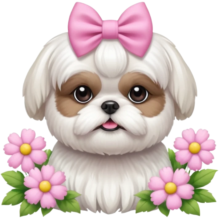 CUTE ALL WHITE SHIH TZU WEARING PINK WITH SPRING FLOWERS emoji