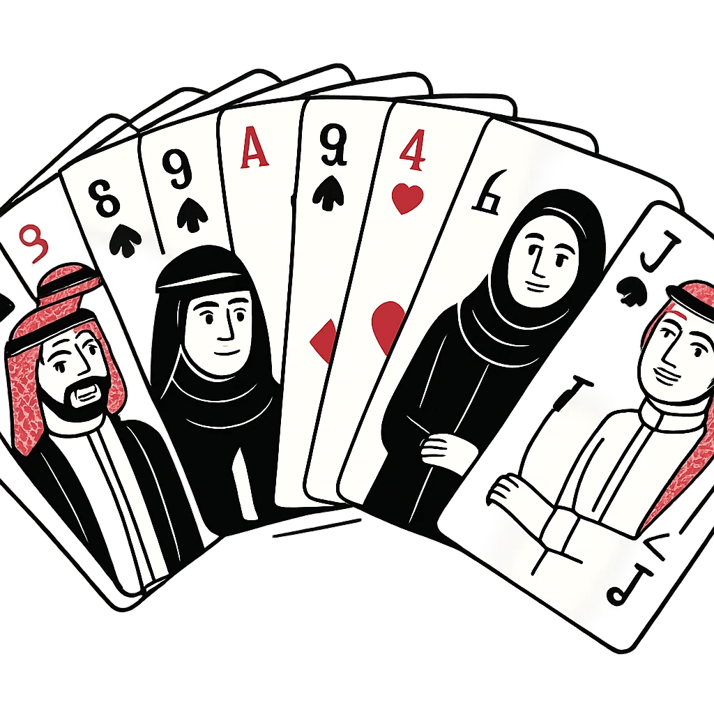 A deck of cards fanned out in a semicircle, showing various card faces and suits emoji