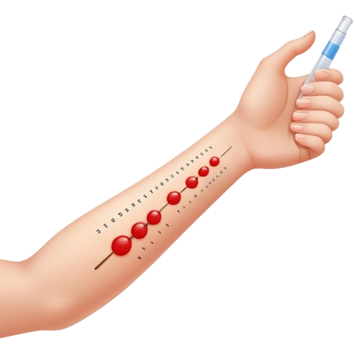 Allergy skin prick test on forearm with small red bumps showing reactions to different allergens emoji