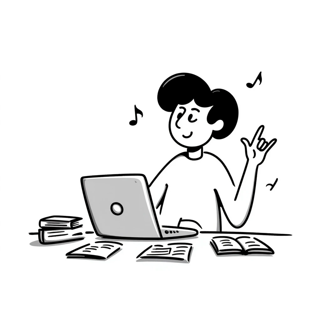 A smiling musician sitting at a desk with a laptop, raising hand during class emoji