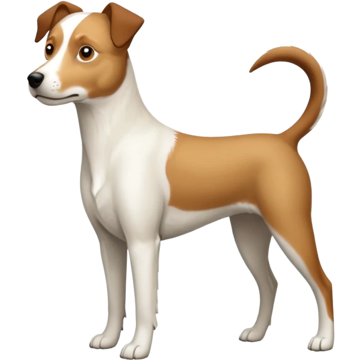 a full body large white parson russell looking dog the size of a kelpie with light brown flapped down ears and a light brown patch on one eye and a large snout emoji