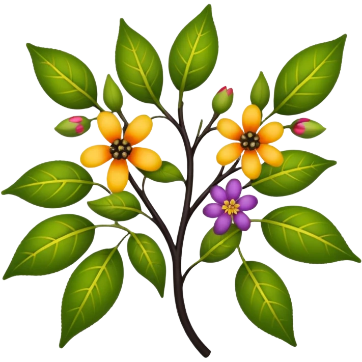 dull green leaves & colorful flowers filigree design & small fruits & ebony branches, extremely detailed, complex design emoji