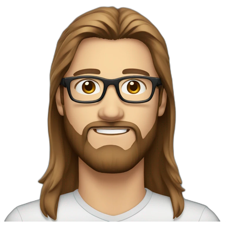 handsome guy with straight long brown hair blue eyes and transparent glasses with beard emoji