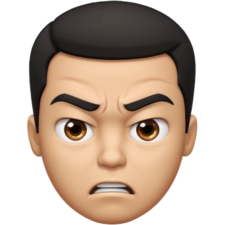 Create a 3D cartoon-style boy character with light brown skin, short straight black hair swept to one side covering part of his forehead, and an angry or annoyed expression. Sharp eyebrows, narrowed eyes, and lips pressed in irritation. emoji
