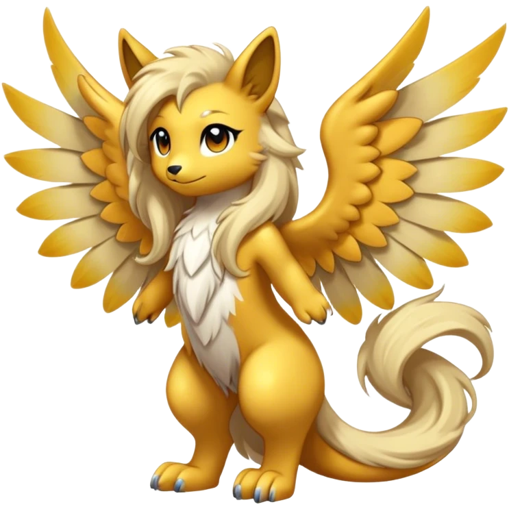 Anthro Sona Cool Cute Adorable Colorful Shy Winged Shiny Fakemon-Fantasy-Creature With Long Hair-Mane Full Body emoji