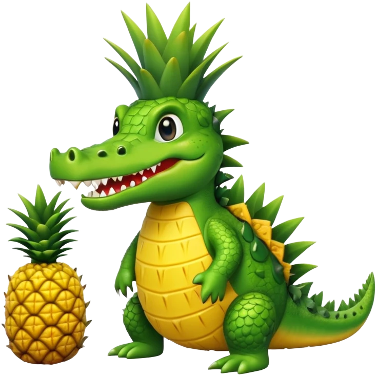 A cute crocodile with a pineapple body, the crocodile head is green with teeth and the body is a yellow pineapple with spiky texture emoji
