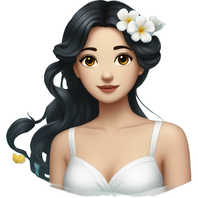 Pretty young Lady with black hair flowers in hair white dress surrounded by flowing water emoji