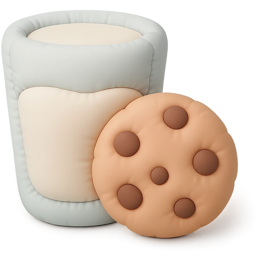 a soft and plush cushion style illustration of a glass of milk and a chocolate chip cookie, pastel colors emoji