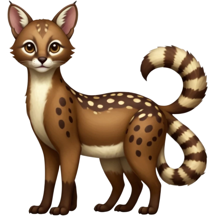 Colorful dark chocolate-brown tropical beige fur glorious divine exotic cute cool beautiful shiny beautiful fantasy-caracal-civet-genet-sergal-vernid-Cacomistle-oncilla-animal-Fakémon-hybrid-fursona with white deer-spots pattern markings (full body) emoji