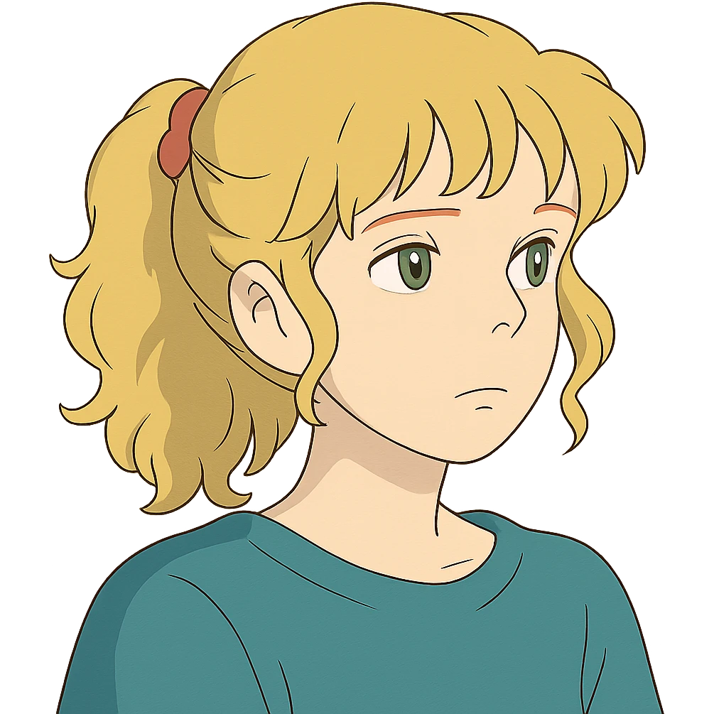 ghibli style character with blonde, curly shoulder-length hair tied back with a red scrunchie, pale white skin, pale green eyes emoji