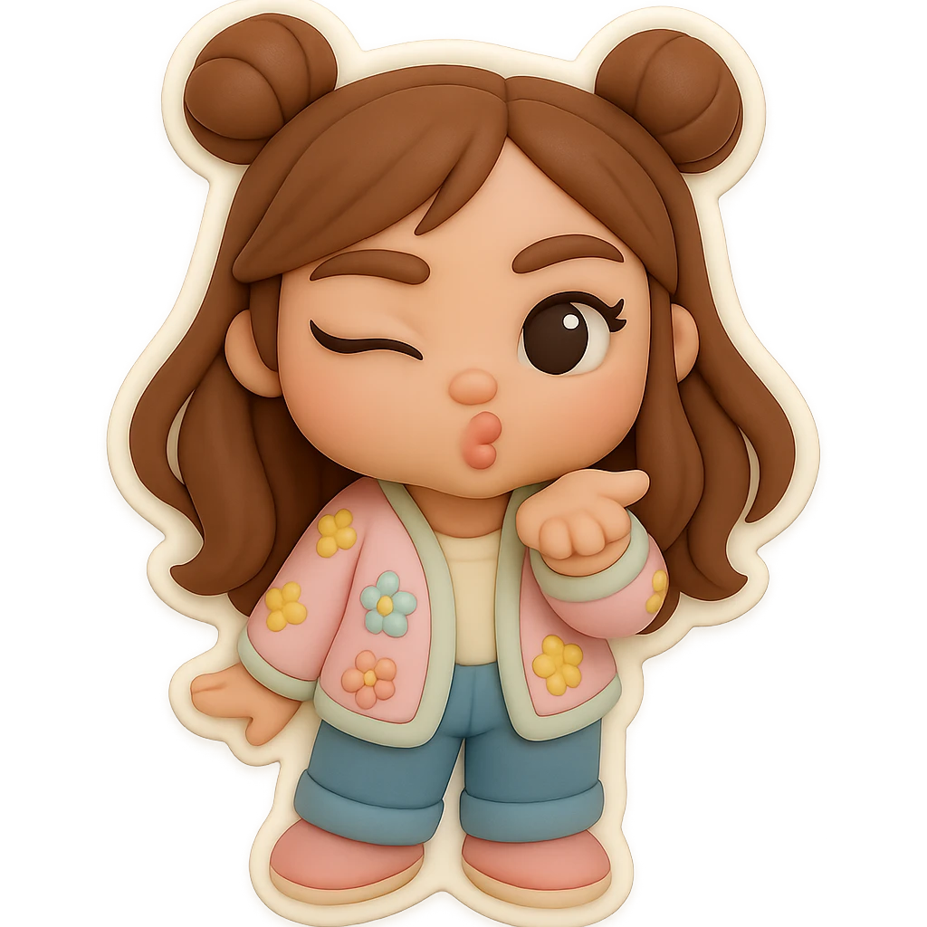 Create a 3D chibi fondant cake art style image with high-quality rendering, smooth shadows, and soft gradients. The girl should be based on the reference image, preserving facial features and eye shape exactly as in the 'thumbs down' sticker. She has long brown hair styled in two space buns, brown eyes, wearing jeans, a pastel floral cardigan, and shoes. Add a thick white outline like a sticker and ensure a transparent background. The expression is blowing a kiss and winking. The face, hairstyle, eye shape, and shoes must match the reference exactly. emoji