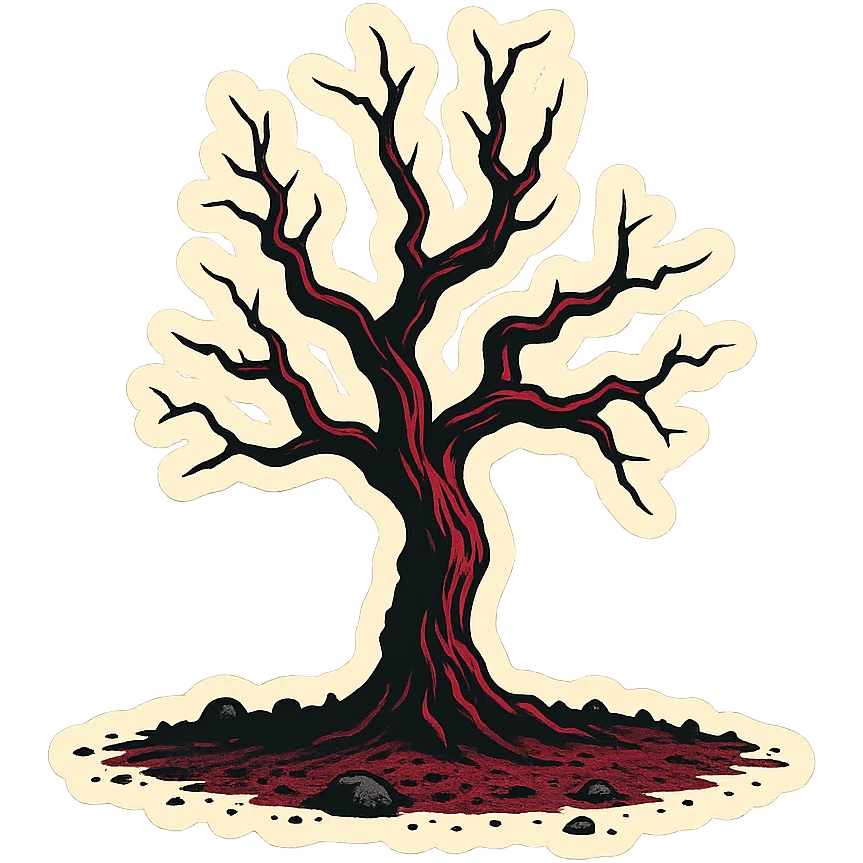 Create a dark, gloomy dry tree as shown in the reference image. Use the retro stickers style with clear black outlines, expressive shadows and highlights. Avoid gradients, use only sharp color transitions. emoji
