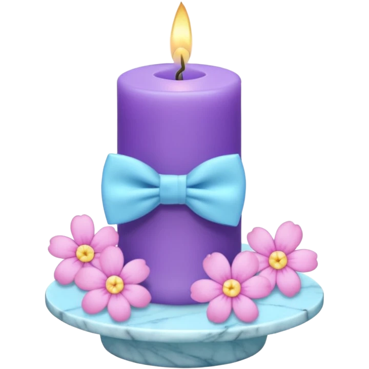 Purple candle on a white marble-candle-holder-stand, flowers, bow tie, light-blue, pink, white, pastel purple, aesthetic emoji