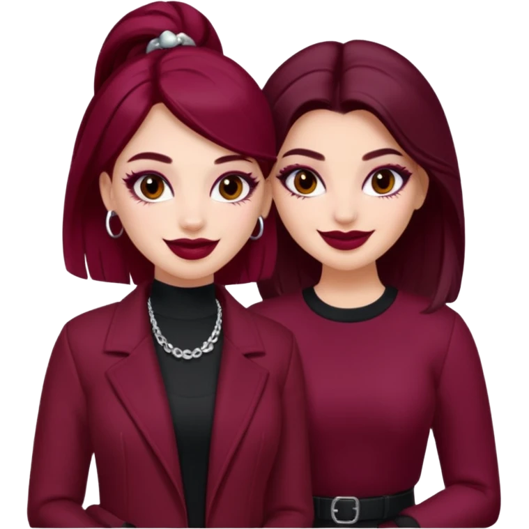 Boujy baddie best friends, fair skin, trendy heavy makeup, burgundy clothes emoji