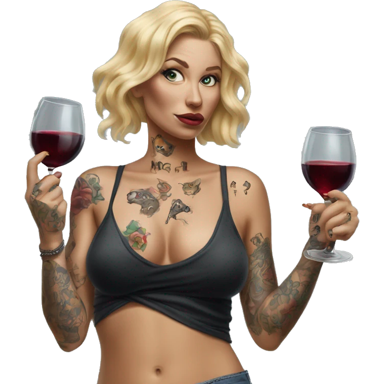 Blonde women in, her body covered with tattoos, wine in her one hand, pointing cat with her other hand, Hyper realistic  emoji