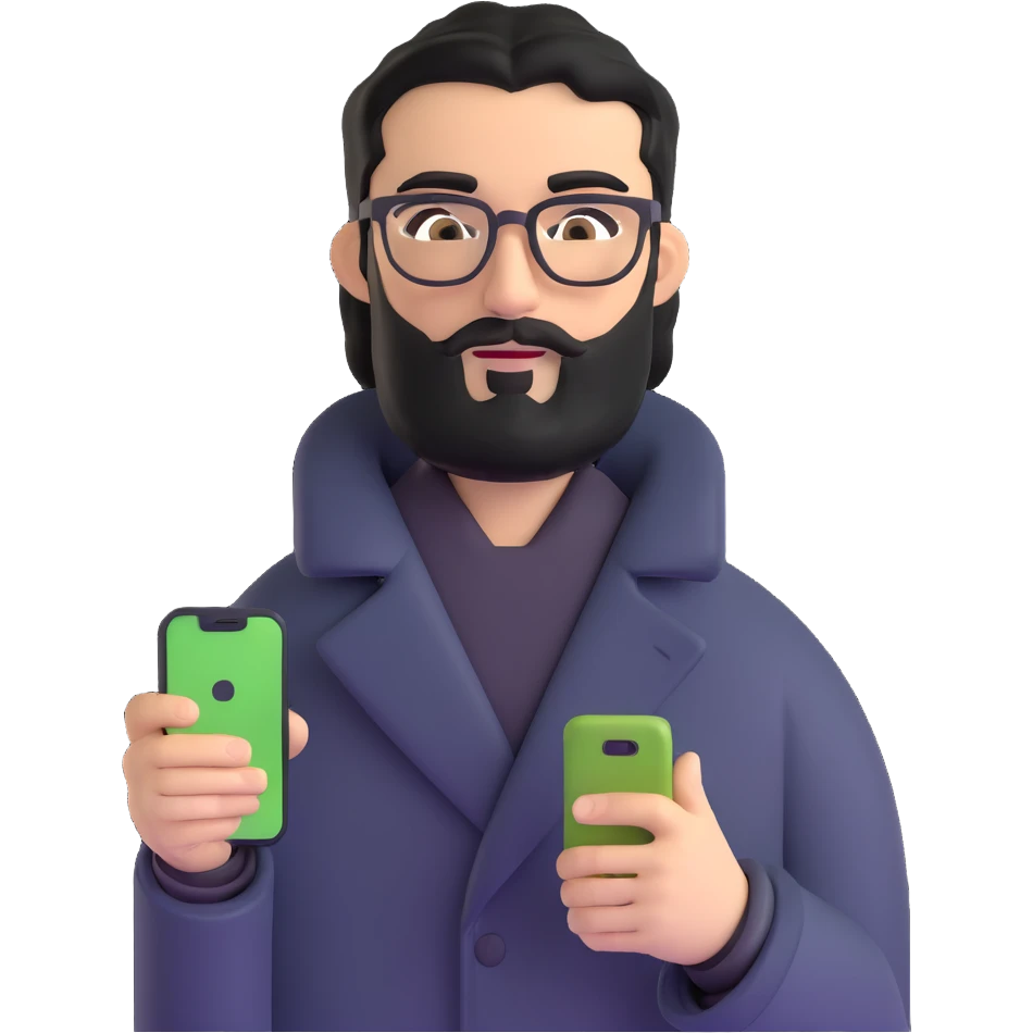 professional man standing upright, wearing black coat, with medium black beard, neat black hair, connected unibrow, olive tan skin, brown eyes, glasses, prominent nose, holding a smartphone emoji