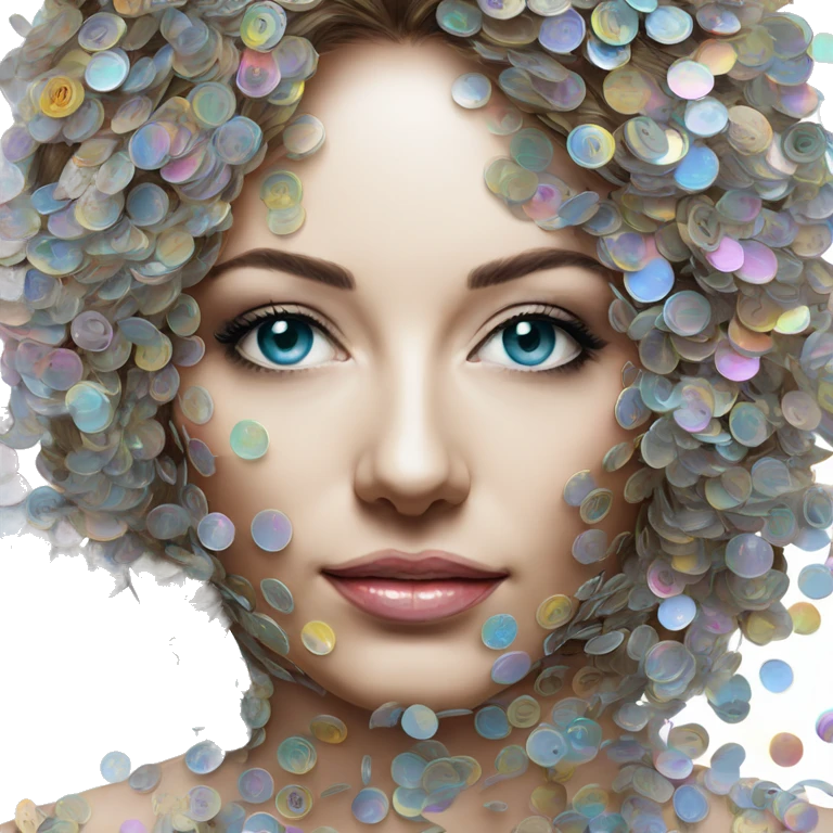 Person face portrait made entirely of holographic vinyls music discs cds and music notes emoji