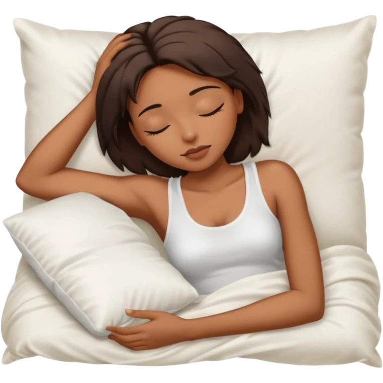 sleeping beauty african american woman with dark brown hair with a white silk pillow, she is sleeping on her side, she is wearing a white tank top emoji