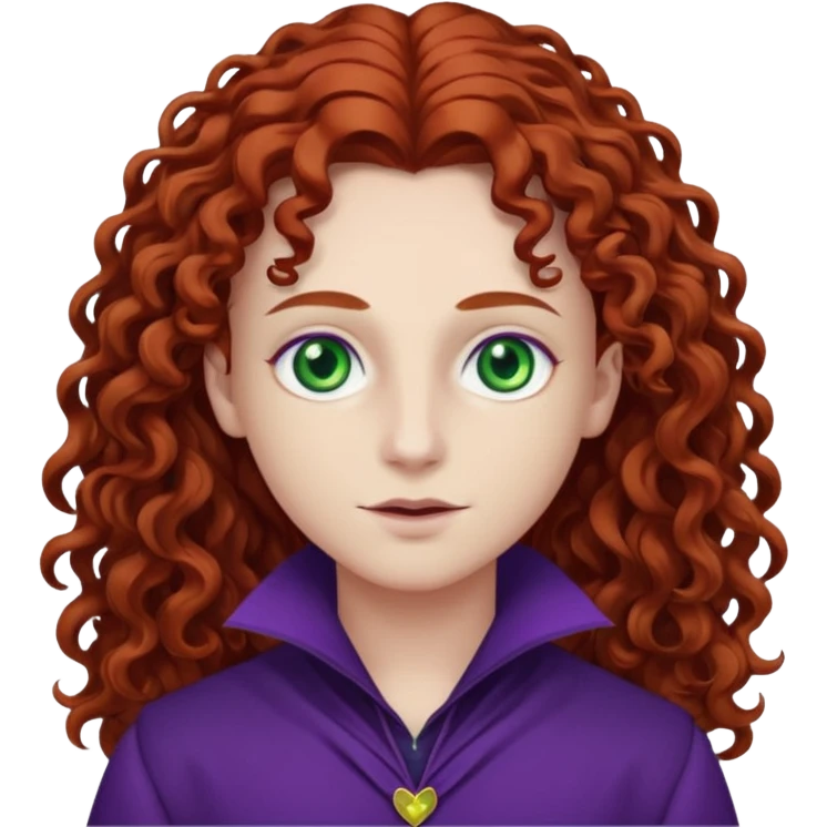 Armand with white skin, green eyes , long auburn curly hair, dark purple outfit emoji