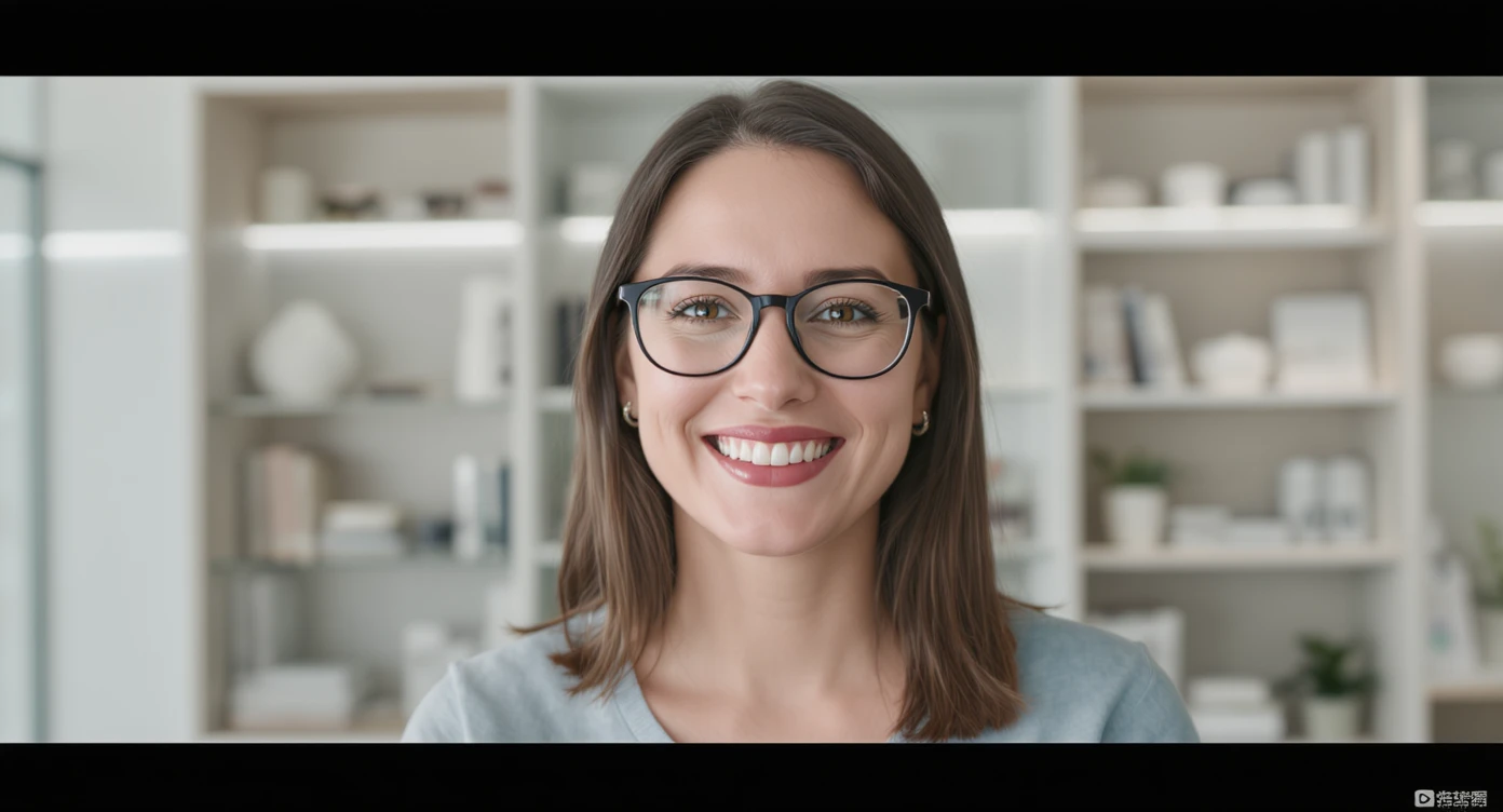 Cinematic still of a smiling european white woman with glasses smiling, minimalistic ophthalmologist interior in background, leading  lines, "rule of thirds" emoji