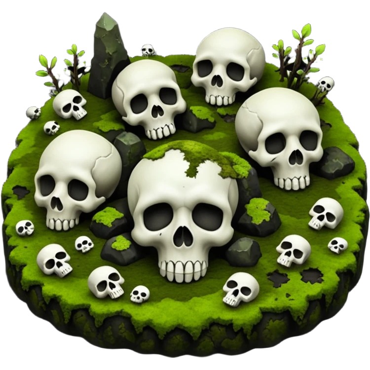 A creepy moss covered ground with skulls from a top down perspective. In the style of your bleeding skull art. emoji