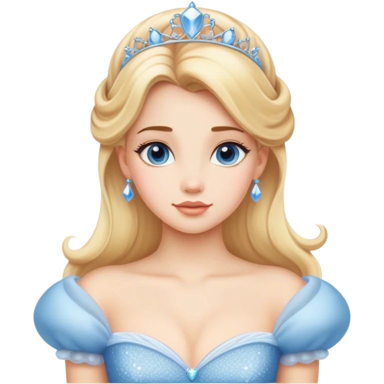 Cinematic Timeless Cinderella Portrait Emoji, rendered in a realistic, simplified vector style. Depict a classic Cinderella with delicate fair skin, beautifully styled blonde hair, and a calm, content expression, dressed in her iconic gown. The design is highlighted by a soft glowing outline and gentle, enchanting luminosity, capturing the essence of pure fairy-tale elegance. emoji