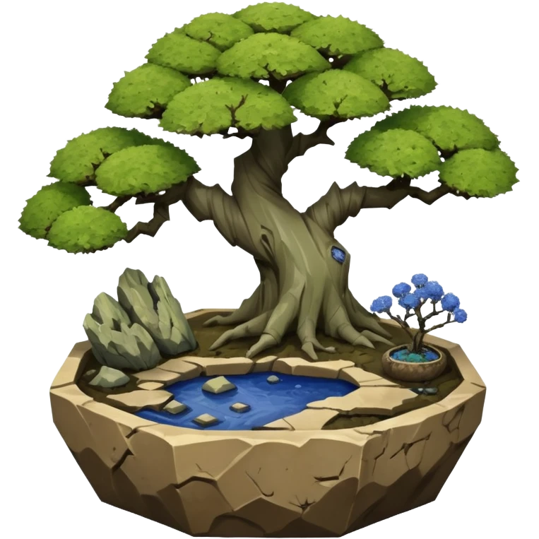 Alien landscape mudman very old broken cracked intricate Stone Age rocky-crusted irregular dodecagon-shaped shallow dark moss rough bark blue willow flowered maple tree bonsai pot emoji