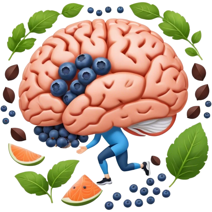 brain surrounded by healthy lifestyle choices, exercising, salmon, dark chocolate, blueberries, seeds, leafy greens . brain booster emoji