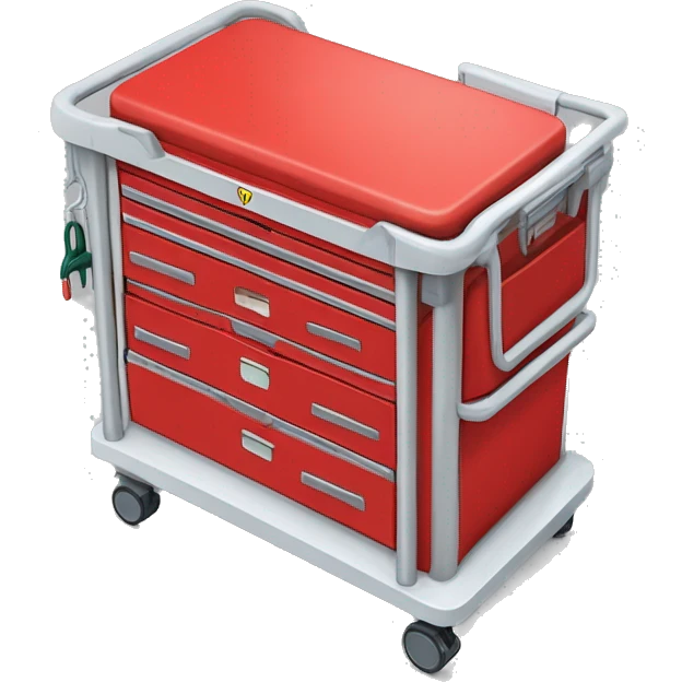 Singular Red medical crash cart is a mobile, multi-drawer unit designed to store and organize emergency medical supplies and equipment and a cardiac defibrillator on top emoji