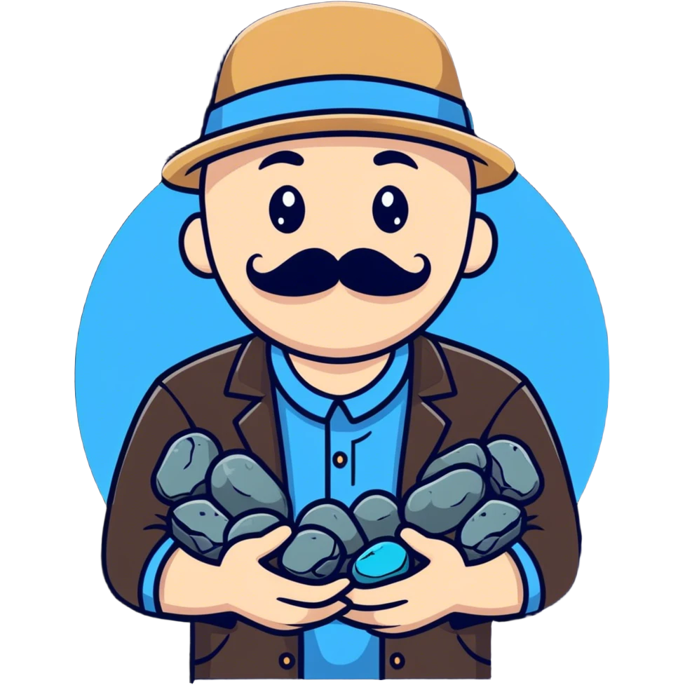A white bald man in a deactivated hat with a mustache holding blue rocks  emoji